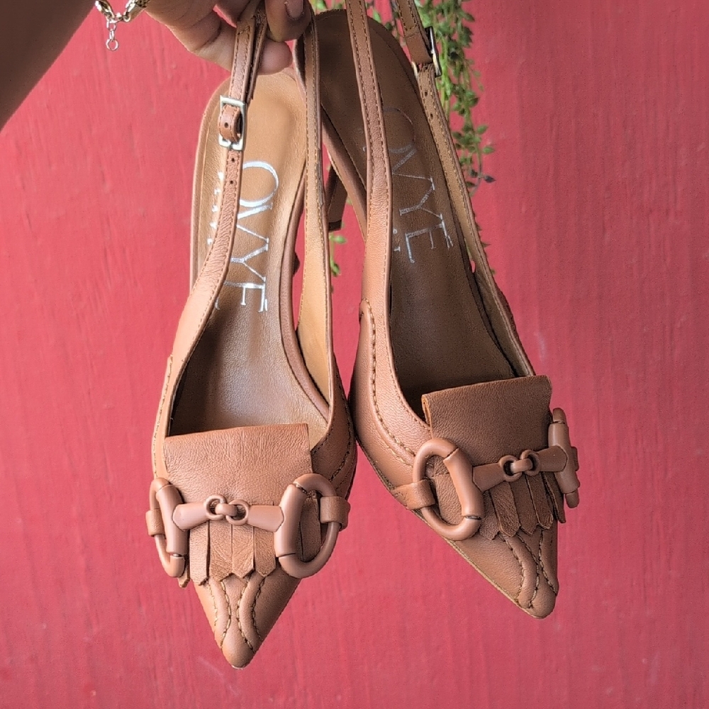 Ovye Playlist Tan Leather Heels with Buckle Detail Box1
